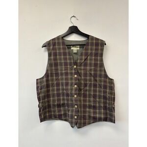 Vintage Eddie Bauer Vest Medium Gray Plaid Button Front Adjustable Pockets Y2K
